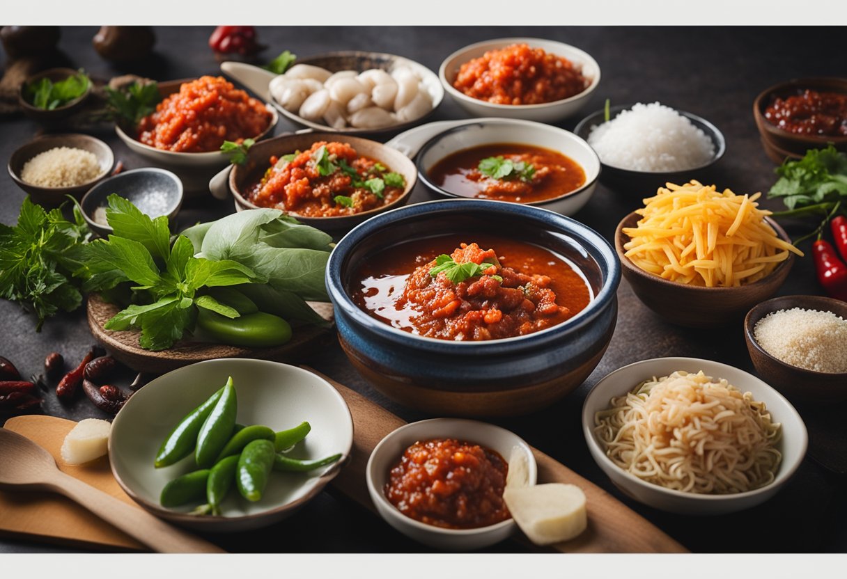 A table set with various ingredients and utensils for making sambal seafood, with a bowl of spicy sambal sauce in the center