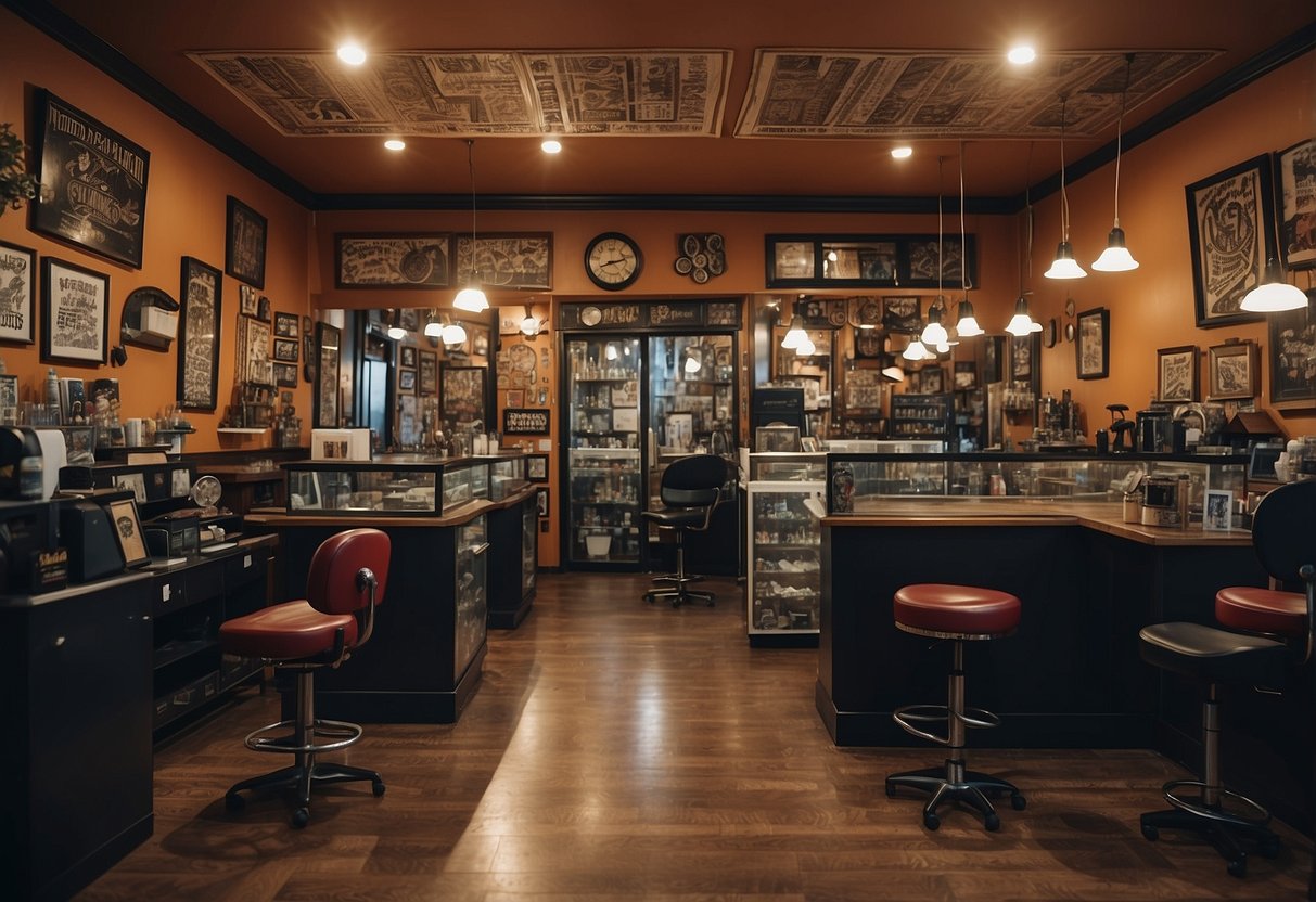 Vibrant tattoo parlor with diverse styles on display, from traditional to hyper-realistic. Bold colors and intricate details adorn the walls, showcasing the range of artistic talent