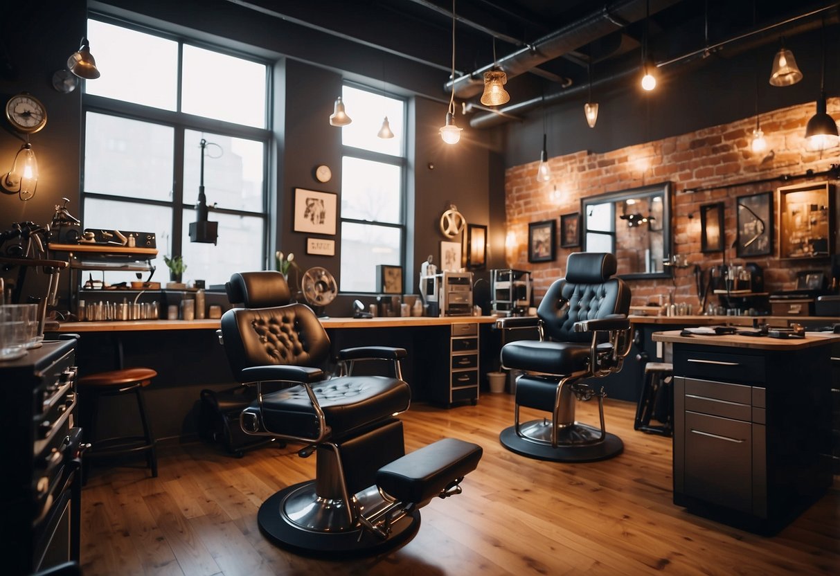 A tattoo artist's studio with various tattoo machines, designs on the walls, and a client chair. Bright lighting illuminates the space, creating a modern and professional atmosphere