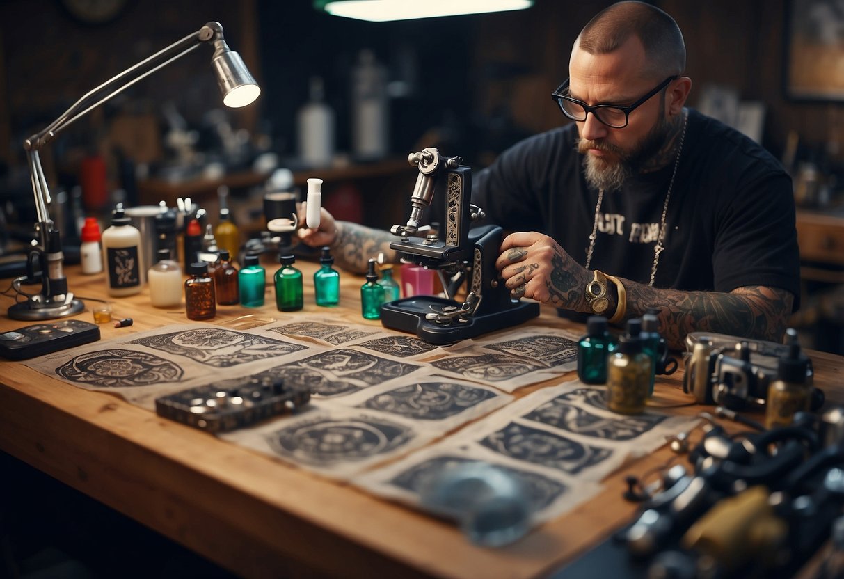 A tattoo artist meticulously creates a design, blending traditional and hyper-realistic styles. Various tattoo machines and ink bottles are scattered on the work table