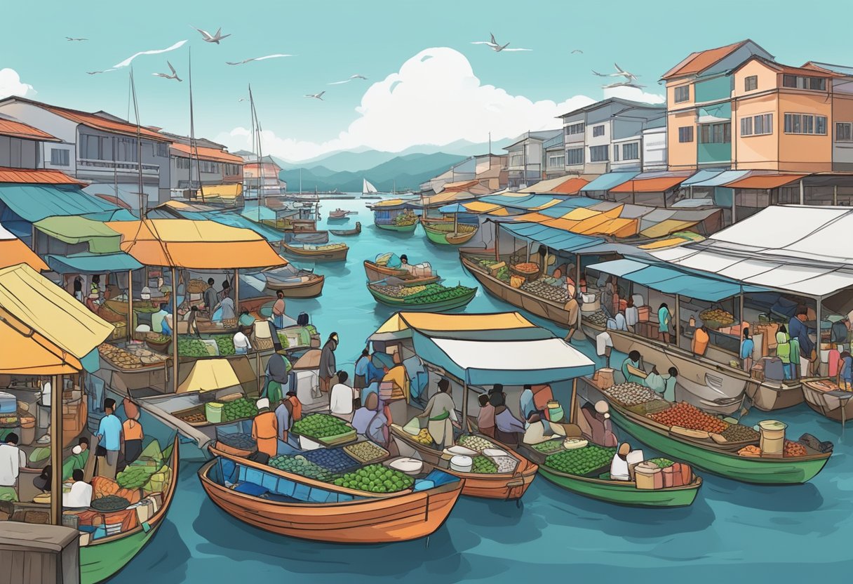 A bustling seafood market in Sekinchan, with colorful stalls and fresh catches on display. Boats line the waterfront, unloading the day's haul as seagulls circle overhead