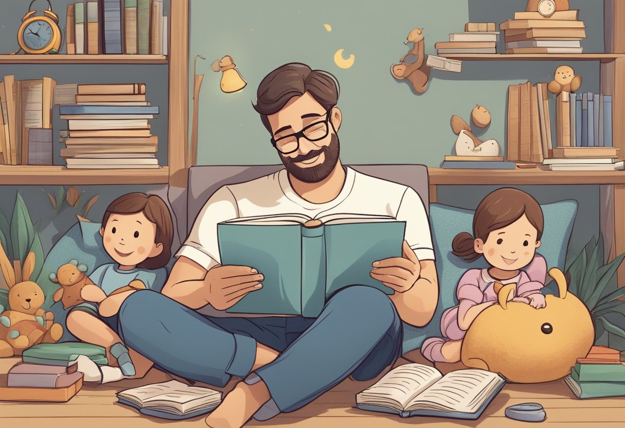 A father reading a bedtime story, surrounded by toys and children's drawings, with a look of love and contentment on his face