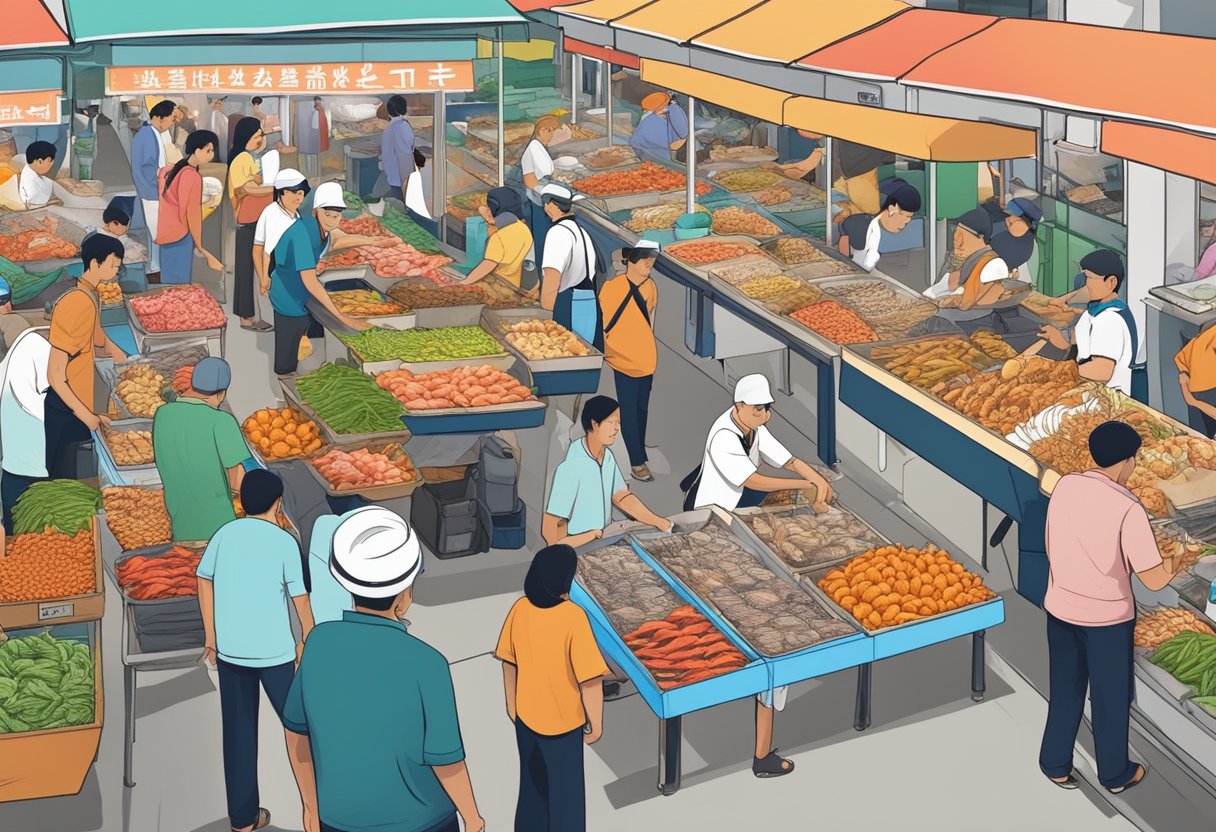 A bustling seafood market in Sekinchan, Singapore, with vendors and customers interacting, surrounded by colorful displays of fresh fish and shellfish