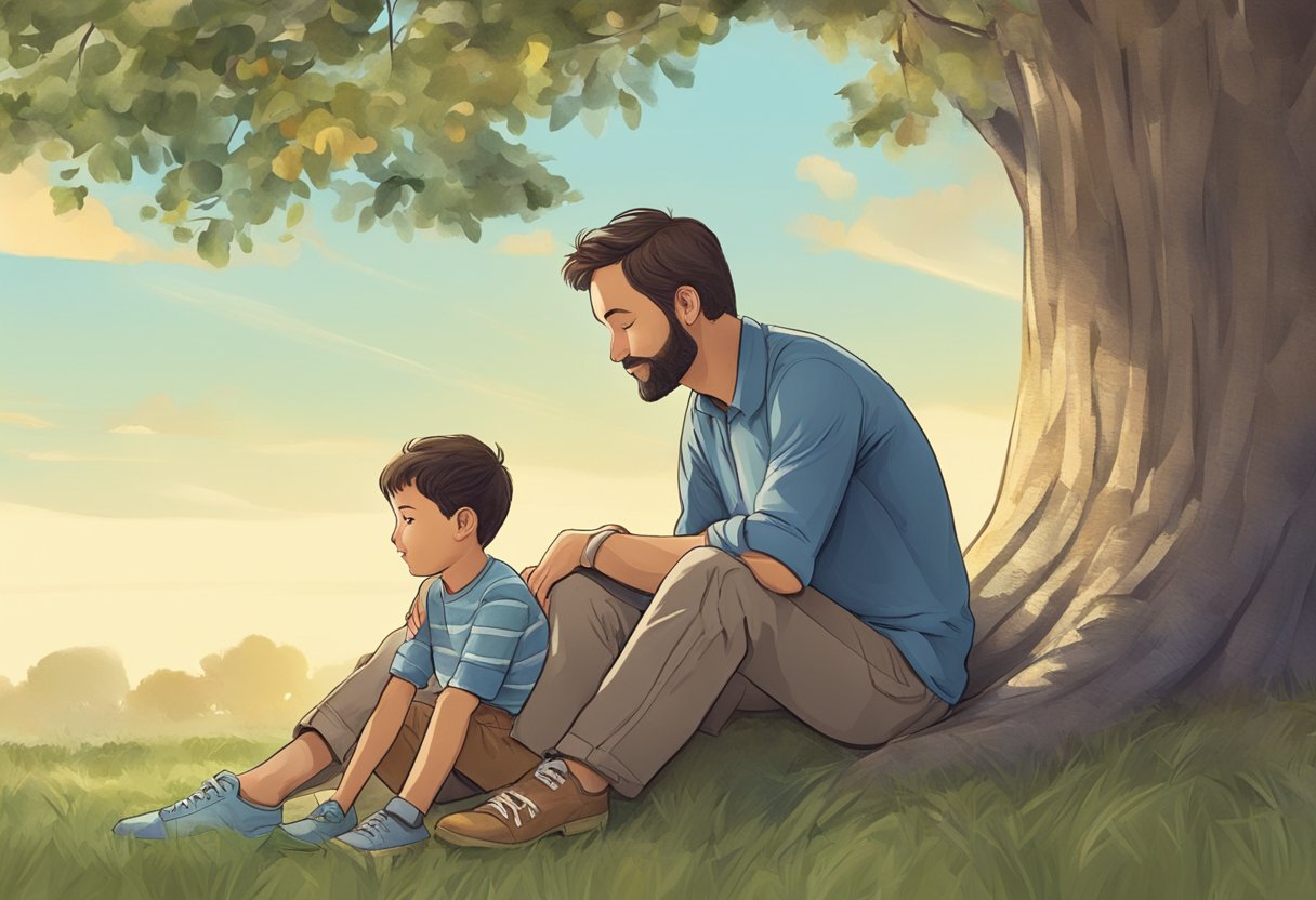 A father and child sit under a tree, sharing a quiet moment. The father's face reflects love and wisdom, while the child looks up with admiration