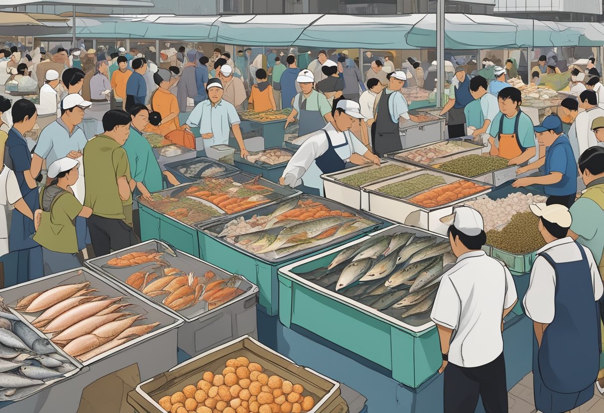 A bustling seafood market in Ang Mo Kio, Singapore, with vendors displaying a variety of fresh fish, crabs, and shellfish on ice beds, surrounded by eager customers examining the offerings