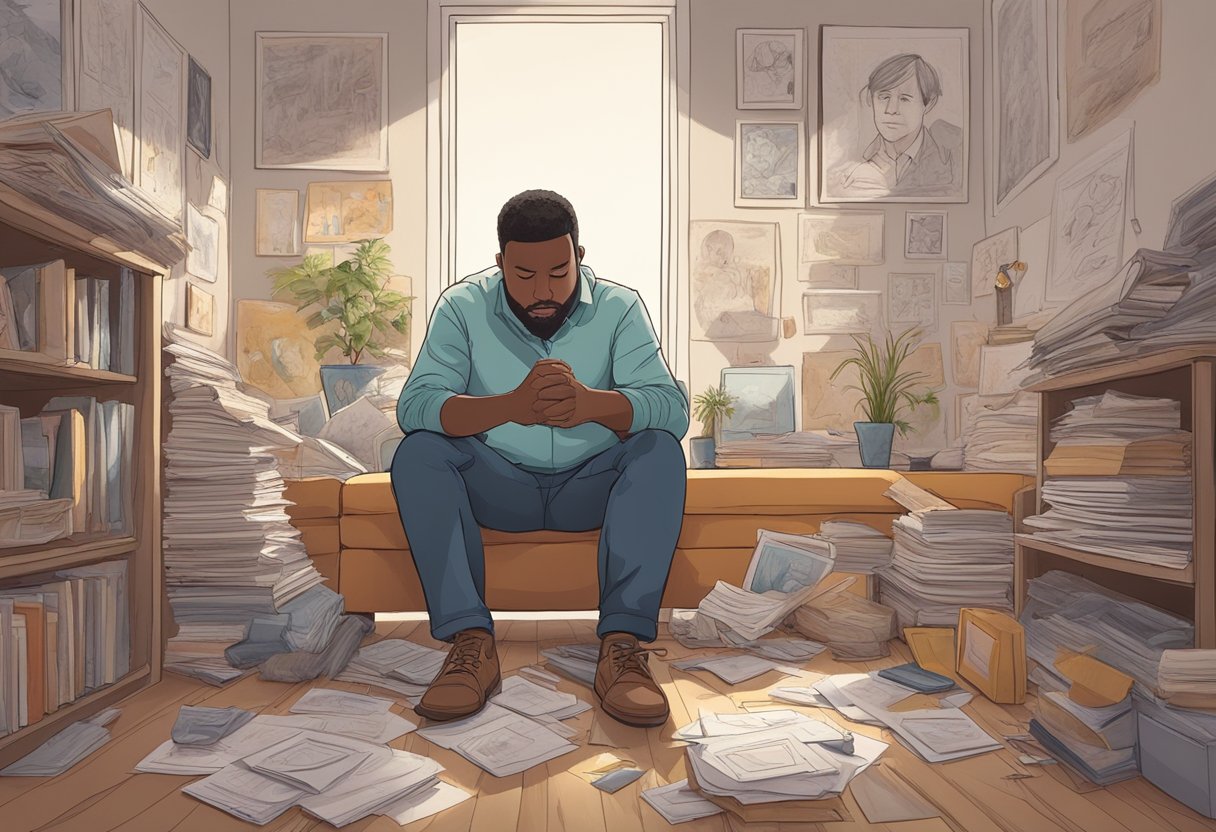 A father sits in a quiet room, deep in thought, surrounded by family photos and children's drawings. A single tear falls as he reflects on the meaning of emotional intelligence and vulnerability in his role as a father