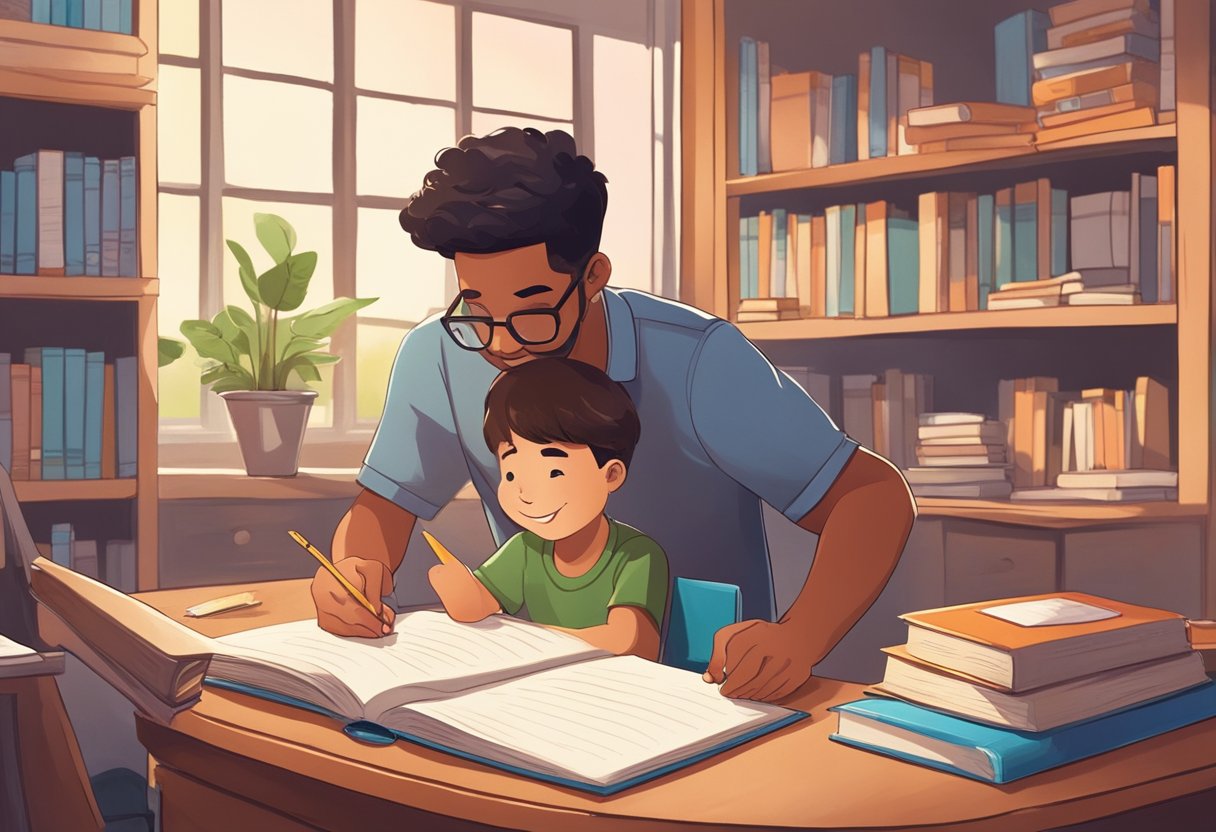 A young child sits at a desk, surrounded by books and learning materials. A father looks on proudly, pointing to a chart of growth and success. The scene is filled with warmth and encouragement