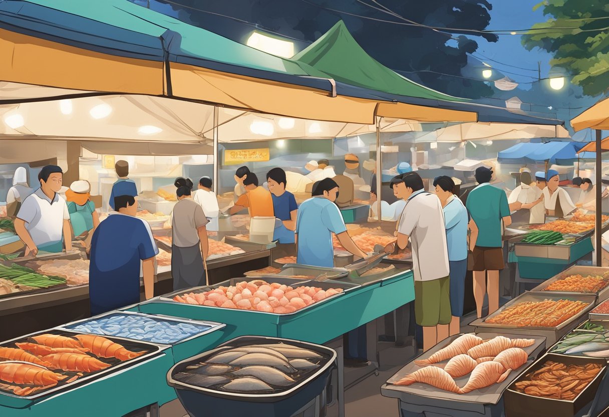 A bustling seafood market in Ang Mo Kio, Singapore, with vendors showcasing a variety of fresh fish, shellfish, and other ocean delicacies. The air is filled with the aroma of grilled seafood and the sounds of bargaining and sizzling cooking