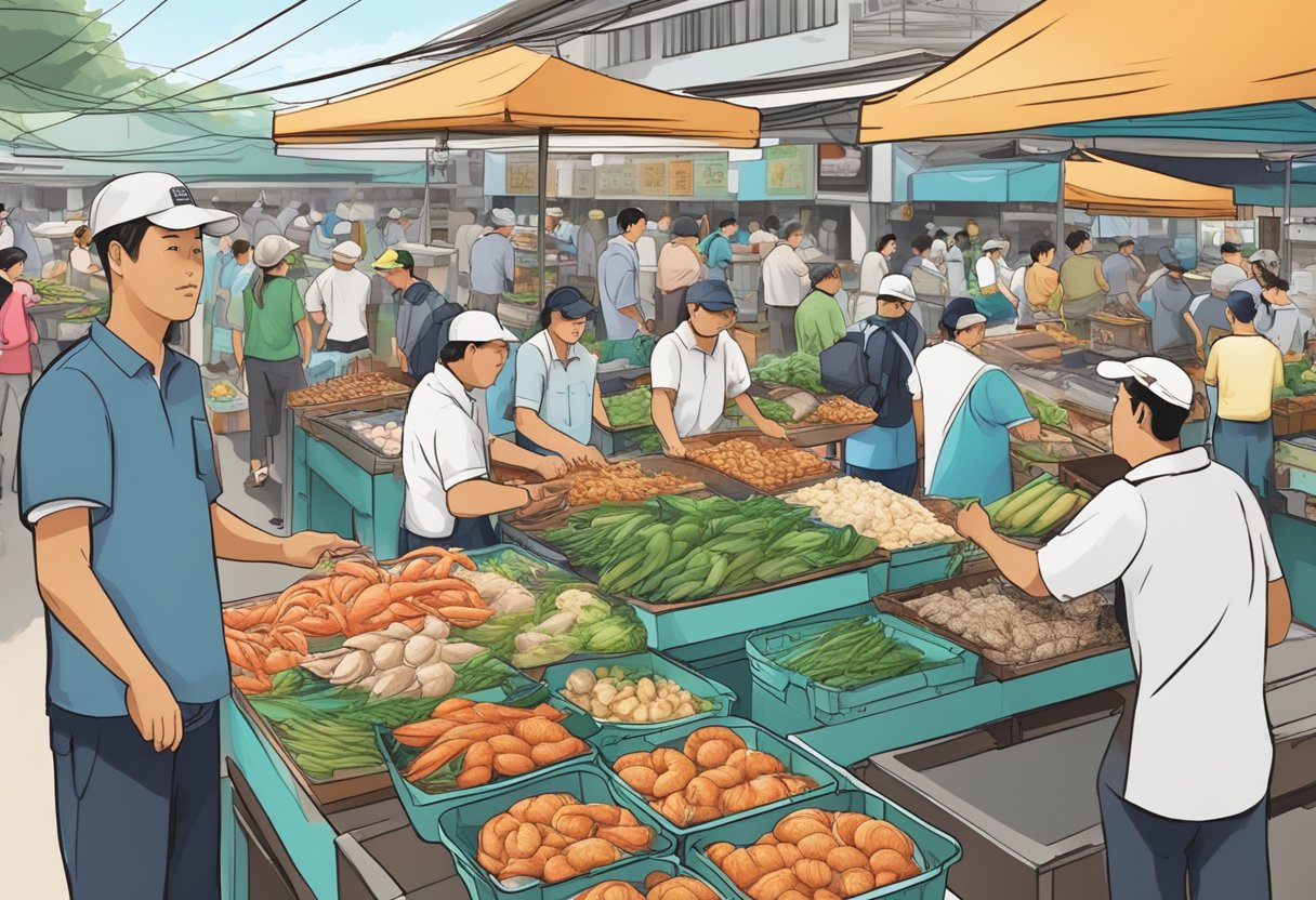 A bustling seafood market in Ang Mo Kio, Singapore, with vendors and customers engaged in conversations and transactions