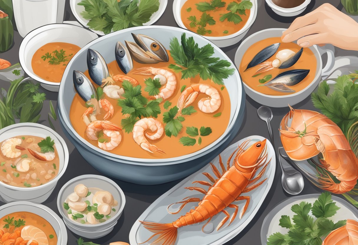 A steaming bowl of seafood bisque sits on a table adorned with fresh seafood and herbs, as people gather to celebrate Seafood Bisque Day in Singapore