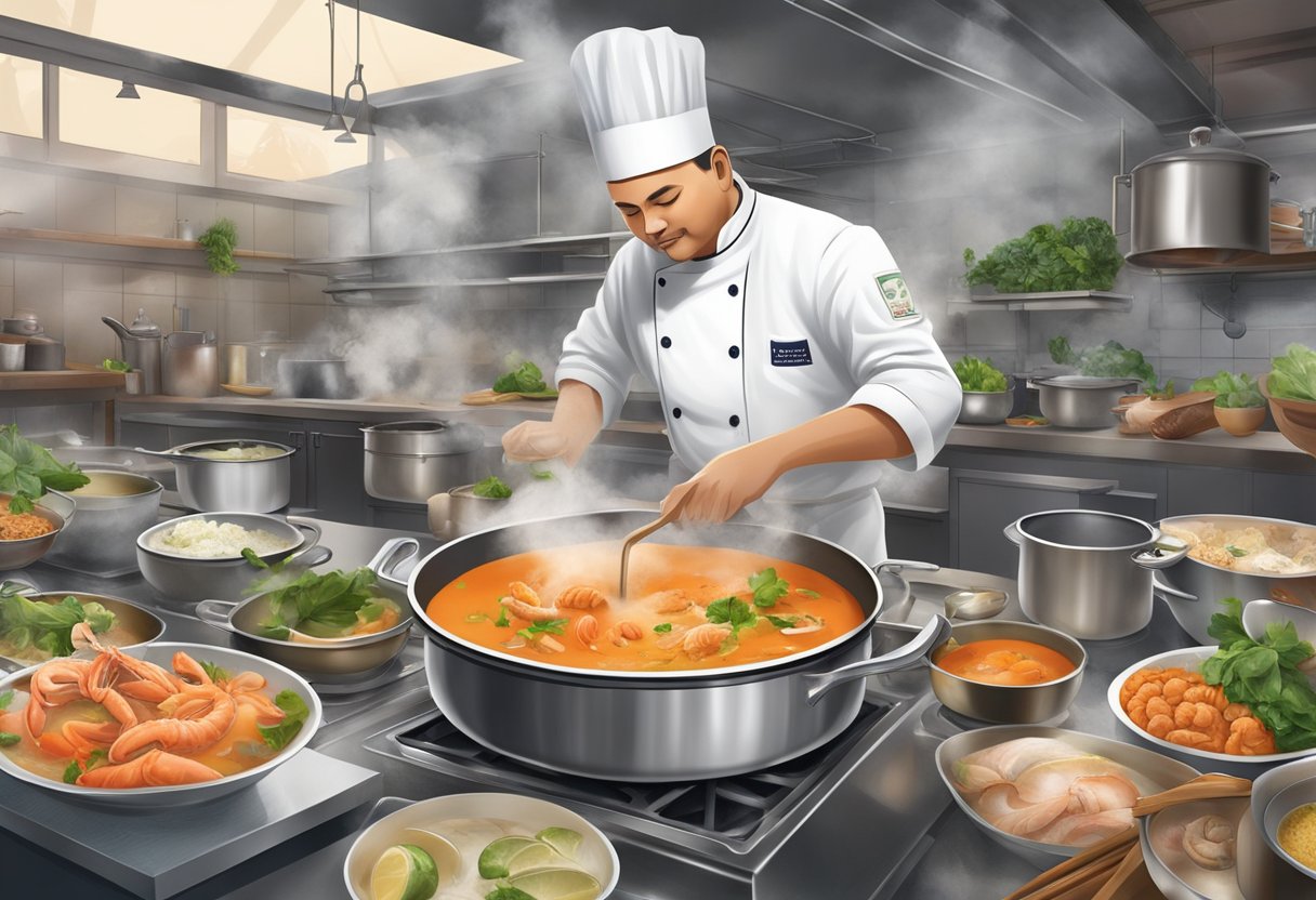 A chef stirs a steaming pot of seafood bisque in a bustling Singapore kitchen, surrounded by fresh ingredients and aromatic spices