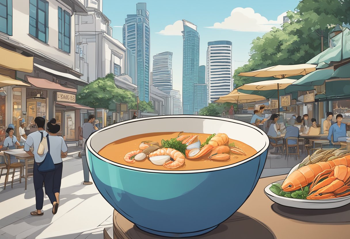 A steaming bowl of seafood bisque sits on a table with a "Frequently Asked Questions" sign in the background, set in the bustling city of Singapore
