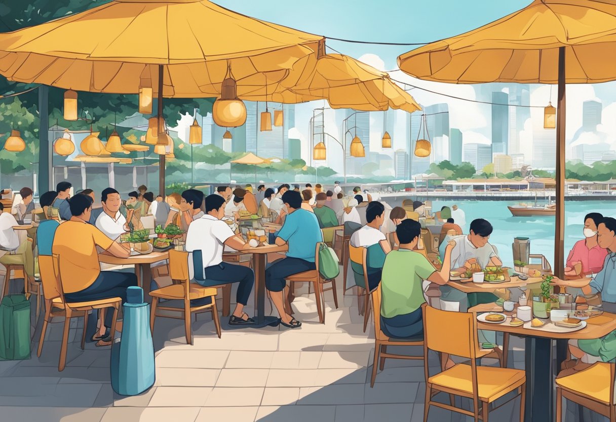 People dining at outdoor seafood restaurants in Singapore, with colorful dishes and bustling atmosphere