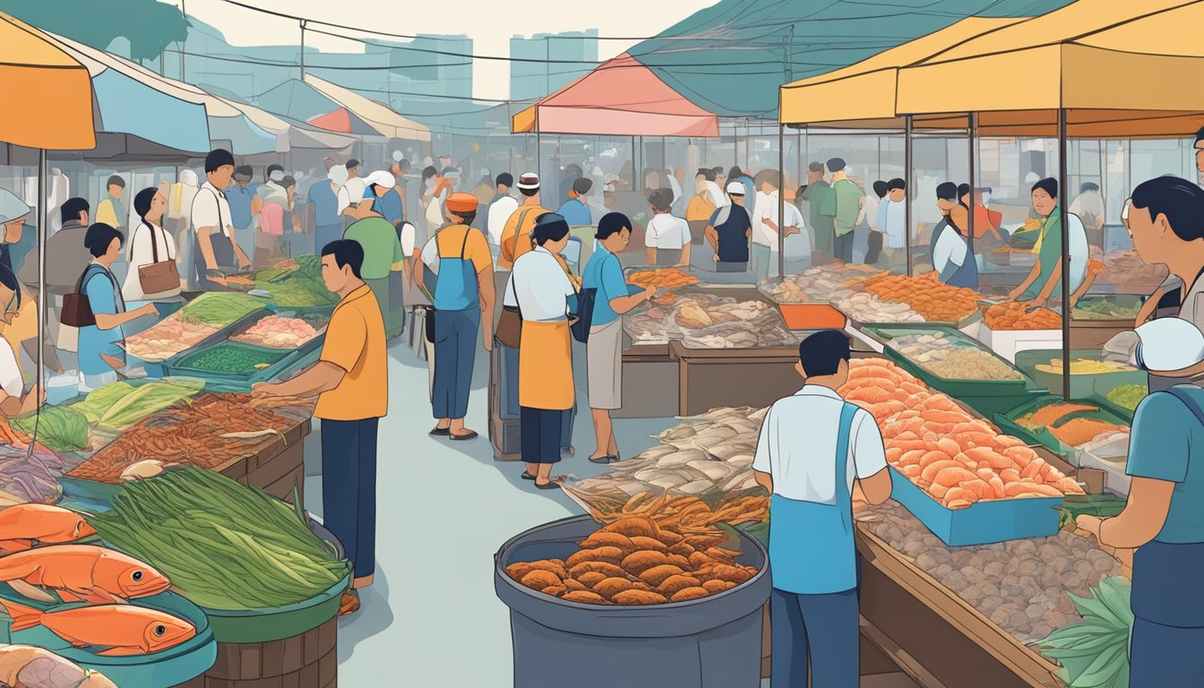 A bustling seafood market in Yishun, Singapore with colorful displays of fresh fish, crabs, and shellfish. Customers browse the selection while vendors call out their daily catches