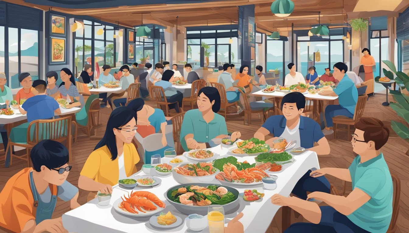 A table set with fresh seafood, surrounded by bustling diners and colorful decor at a restaurant in Yishun, Singapore