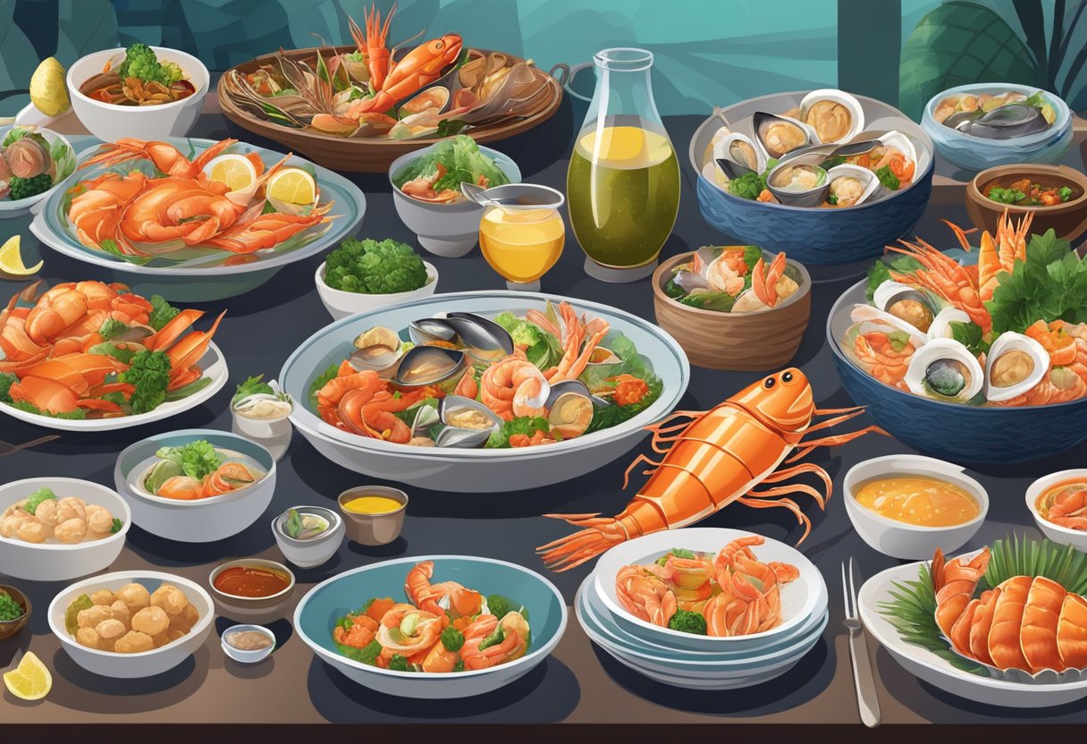 A table set with a variety of seafood dishes, surrounded by vibrant decor and bustling ambiance of a Singaporean seafood restaurant
