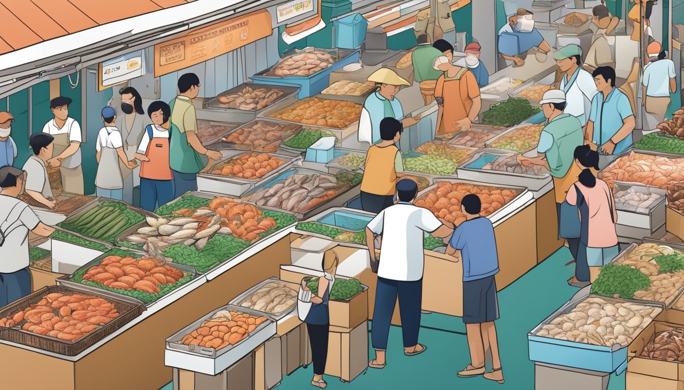 A bustling seafood market in Yishun, Singapore with vendors and customers interacting, showcasing a variety of fresh seafood on display