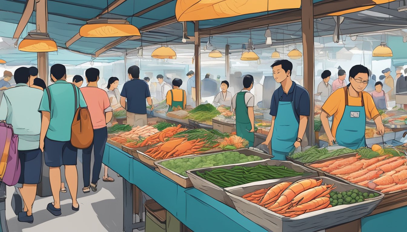 A bustling seafood market in East Singapore, with colorful stalls and fresh catches on display. Customers browse while vendors call out their offerings