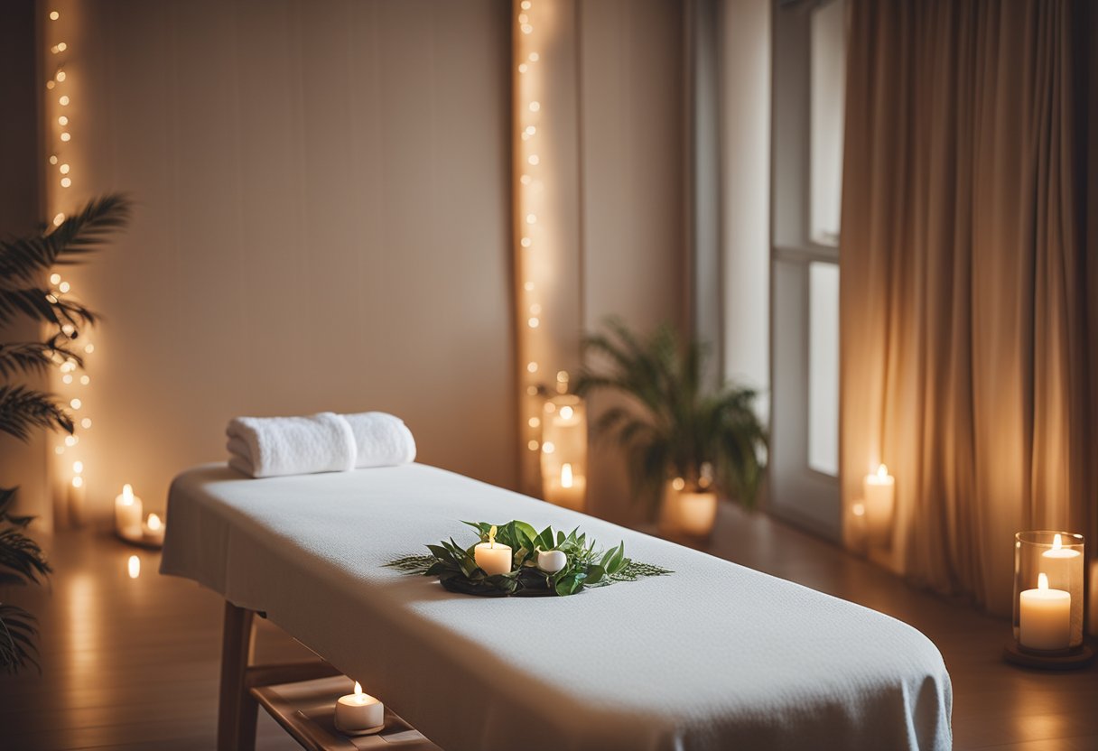 Une salle de spa sereine avec un éclairage doux et une table de massage, entourée d'un décor calme et d'arômes apaisants.