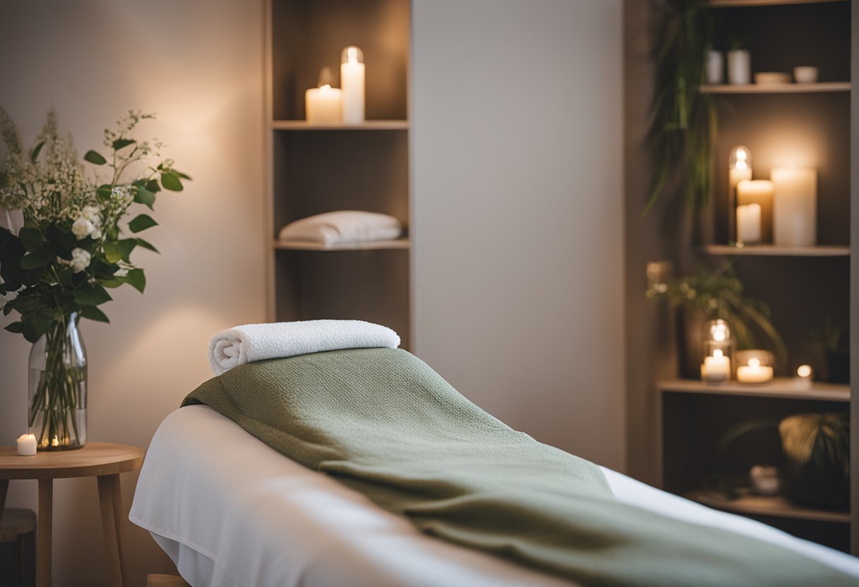 Un studio de massage serein à Genève avec un décor apaisant et un éclairage doux, créant une atmosphère paisible et relaxante pour les clients.