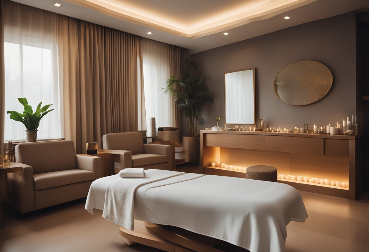 Une salle de massage sereine avec un éclairage doux, une table de massage confortable et une musique d'ambiance apaisante dans un spa à Genève.