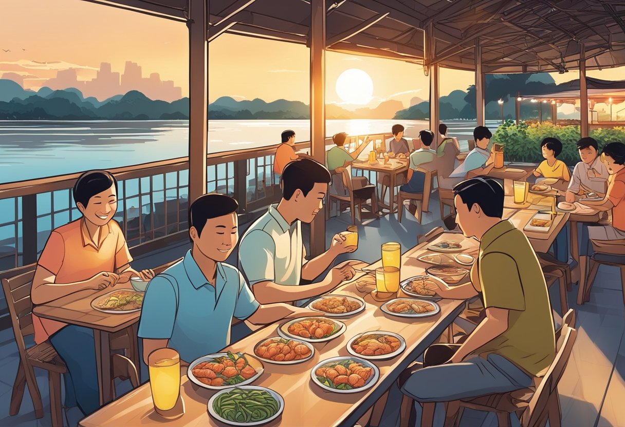 People enjoying seafood dishes at outdoor tables in Jurong, Singapore. The sun sets over the water, casting a warm glow on the bustling scene