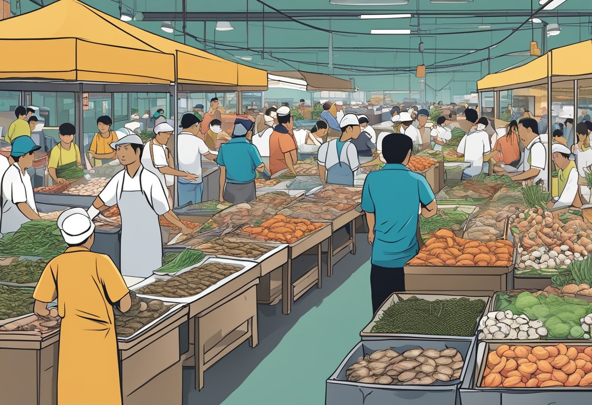 A bustling seafood market in Jurong, Singapore, with vendors answering customer questions and displaying a variety of fresh catches