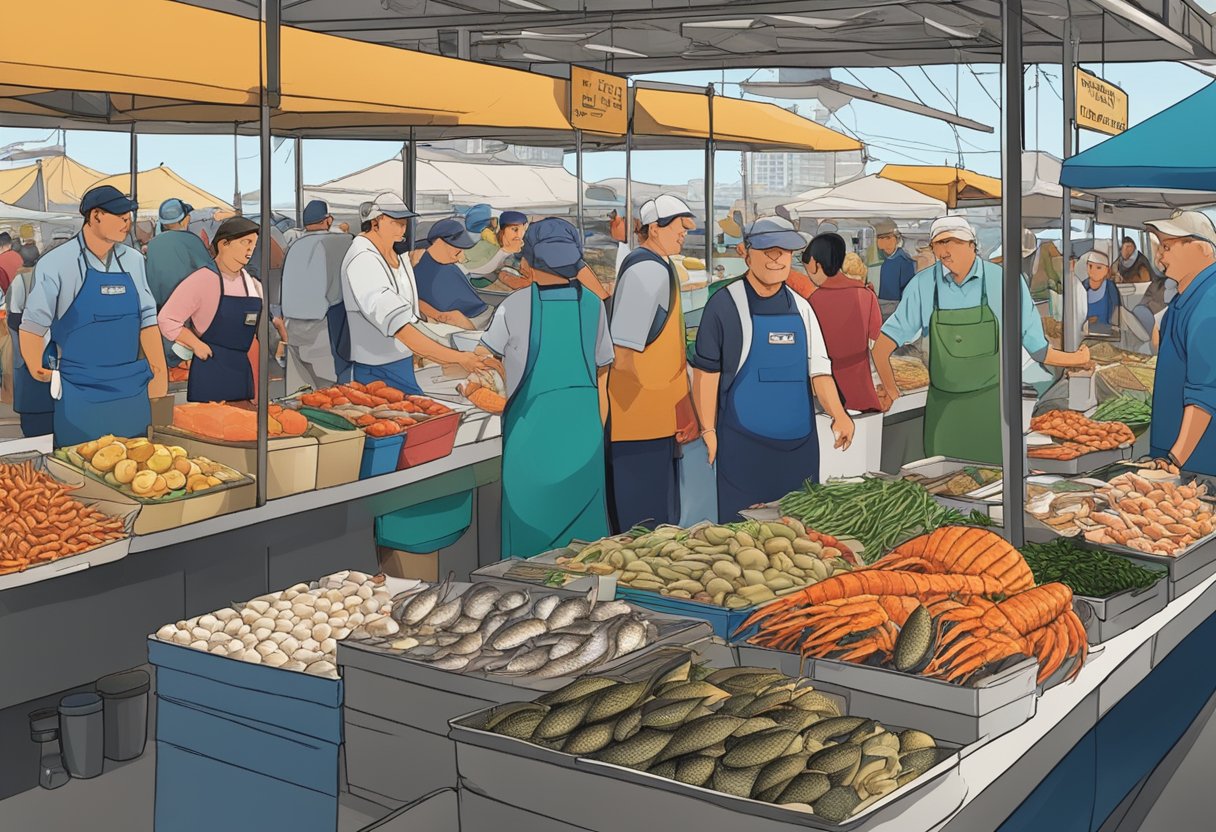 A bustling seafood market in Melbourne, Australia, with vendors and customers engaged in lively conversations and transactions