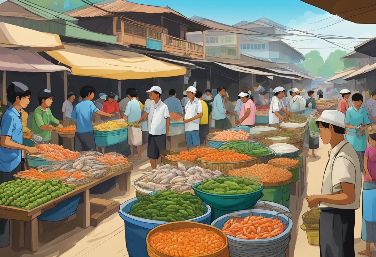 The bustling seafood market in Yangon is filled with colorful stalls and the aroma of fresh seafood. Vendors display an array of fish, crabs, and prawns, while customers haggle over prices. The scene is lively and vibrant, with