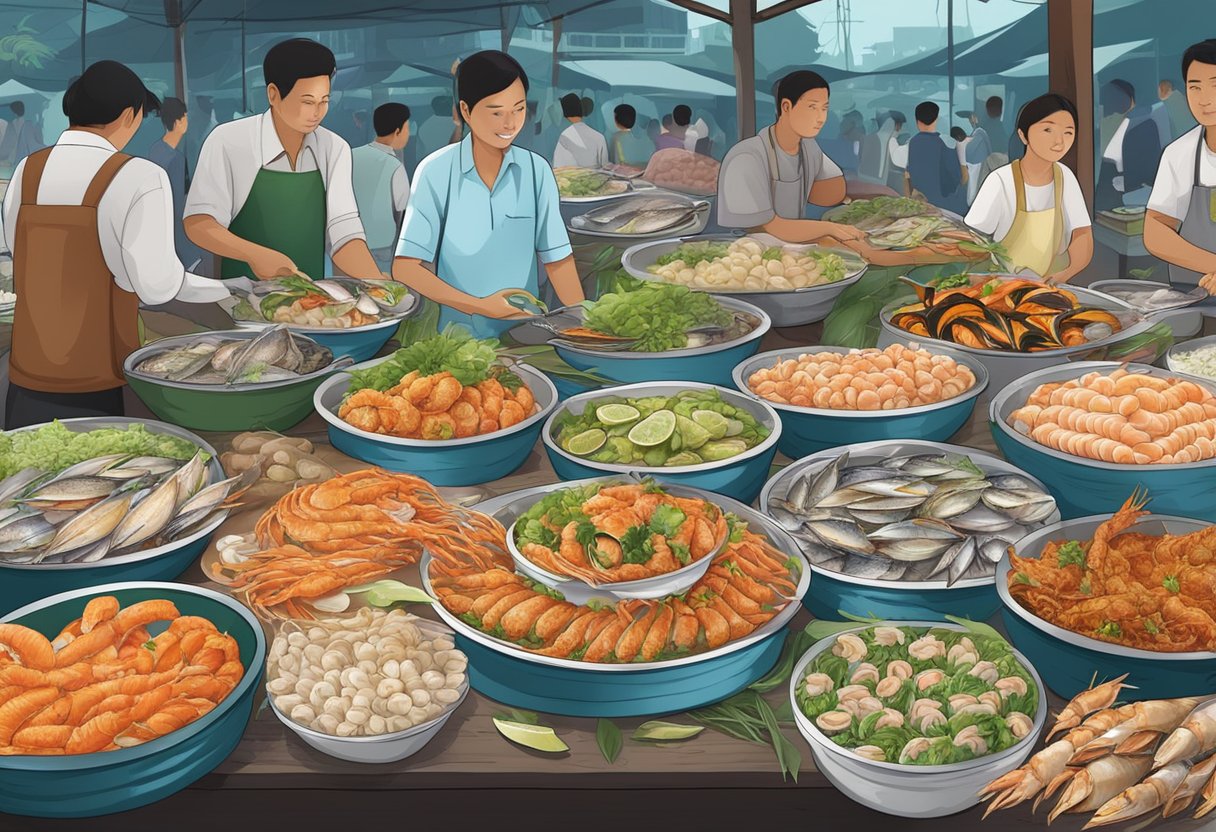 A table set with a variety of fresh seafood dishes, surrounded by a bustling seafood market in Yangon