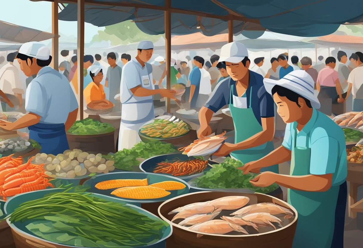 A bustling seafood market in Yangon, with vendors and customers engaging in lively conversations and transactions. The air is filled with the aroma of fresh seafood and the sound of sizzling grills
