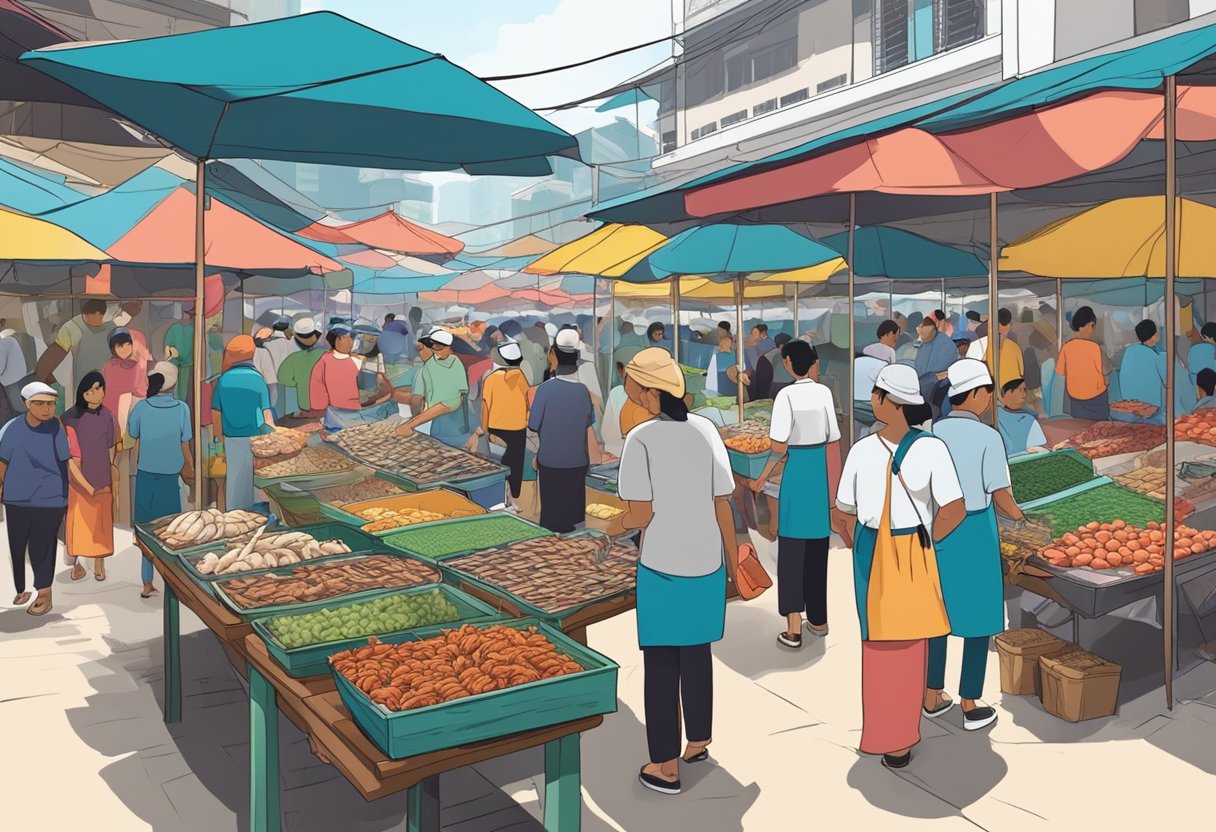 A bustling seafood market in Kuala Lumpur, with colorful stalls and a variety of fresh seafood on display. Customers and vendors haggling and chatting in a lively atmosphere