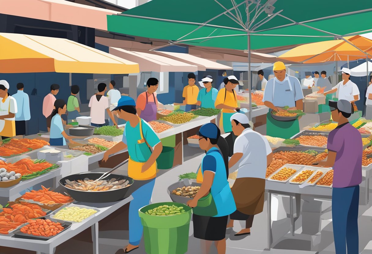 A bustling seafood market in Kuala Lumpur, with colorful stalls and vendors showcasing a variety of fresh catches and culinary delights. The aroma of sizzling seafood fills the air as customers browse and sample the offerings