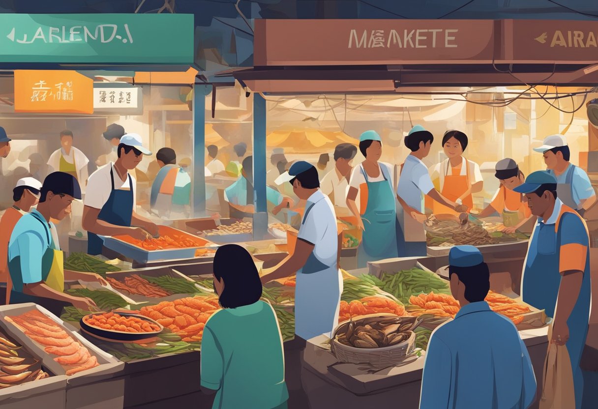 A bustling seafood market in Kuala Lumpur, with vendors and customers engaged in lively conversations and transactions. The air is filled with the aroma of fresh seafood and the sound of sizzling grills