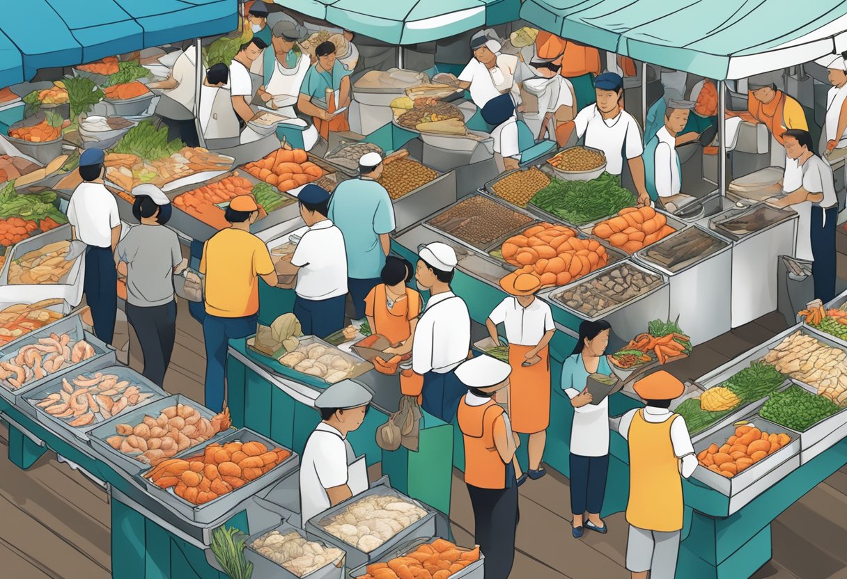 A bustling seafood market at Marina Bay Sands, Singapore, with vendors answering frequently asked questions from customers