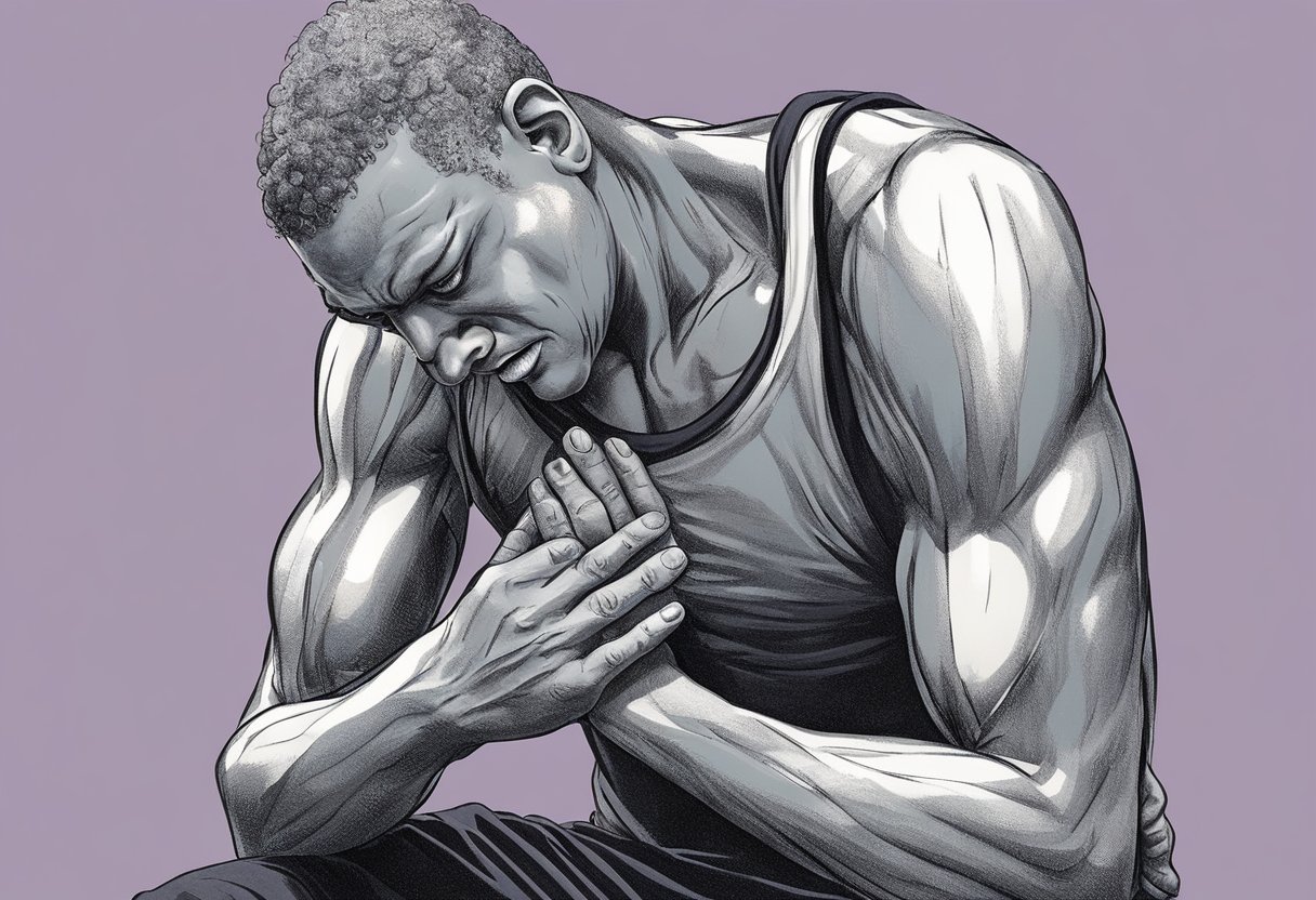 A figure clutches their chest, wincing in pain. Sweat beads on their forehead as they struggle to catch their breath