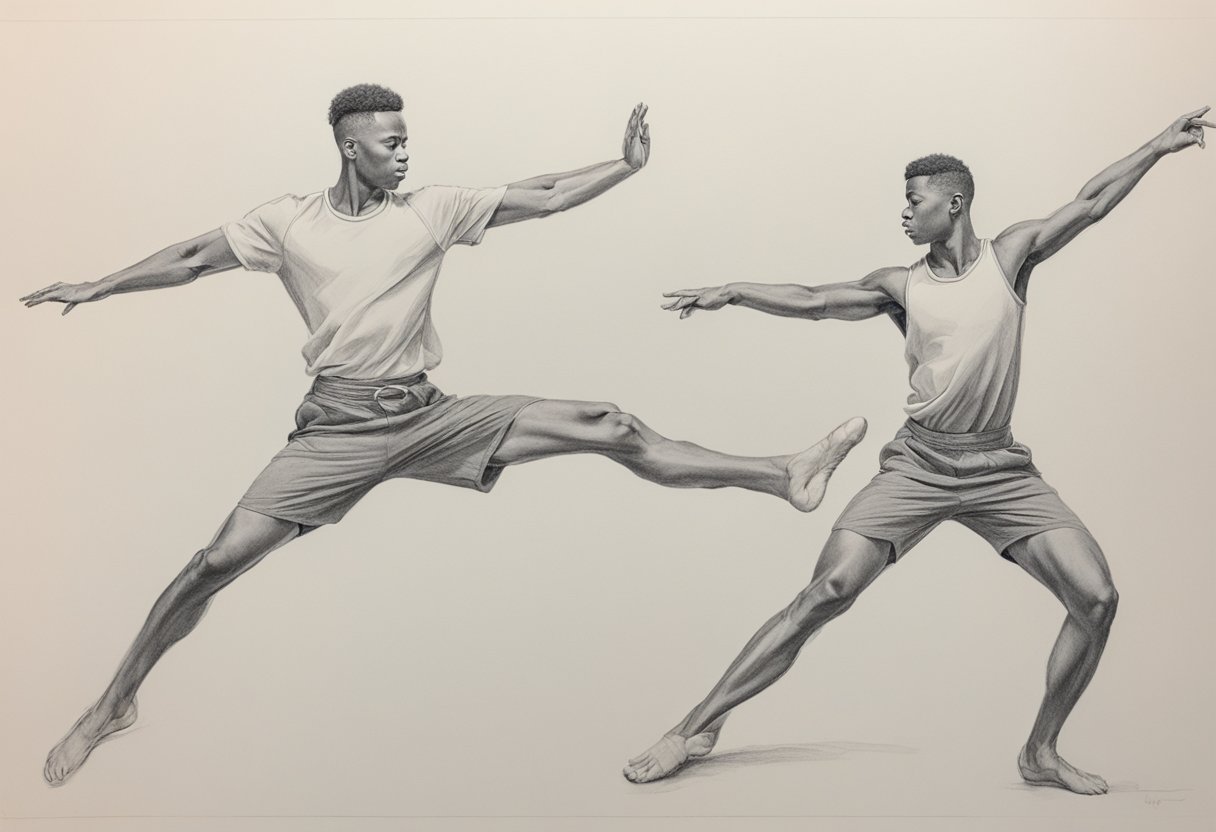 Two figures in dynamic poses, one leaping with arms outstretched, the other crouching with one leg extended. Energy and movement are evident in their positions