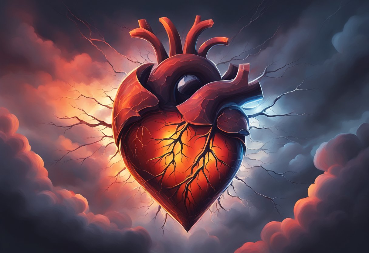 A heart with jagged cracks, emitting red light, surrounded by dark, swirling clouds