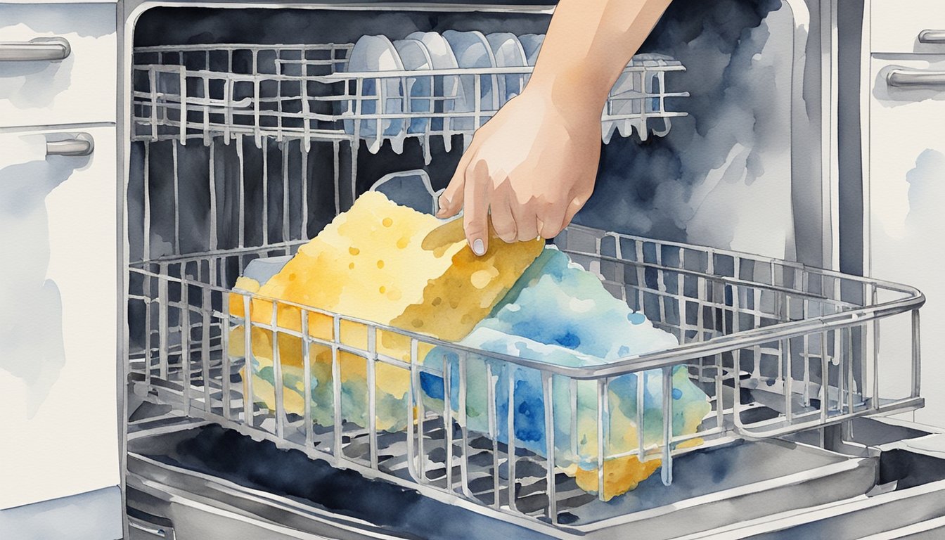 A hand reaches into the dishwasher, removing the bottom rack for cleaning.</p><p>A sponge and soapy water are used to scrub away any debris and buildup.</p><p>The rack is then dried and reinserted into the dishwasher