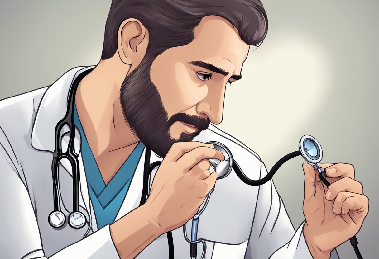 A doctor examines a patient's chest with a stethoscope, then prescribes medication for heart pain