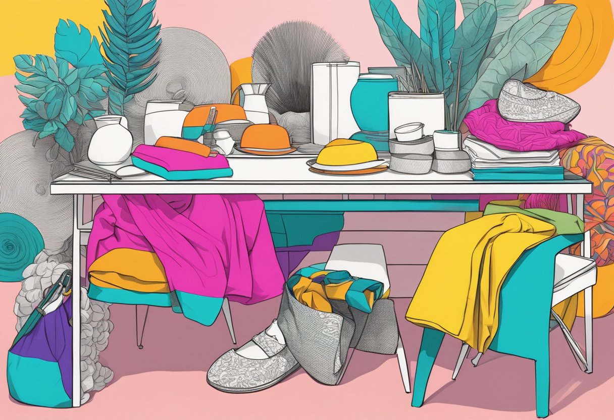 A table covered in vibrant clothing and accessories, arranged in dynamic and playful poses