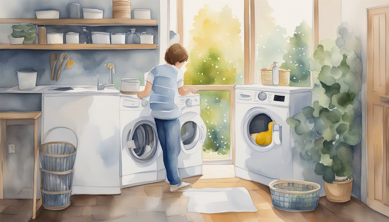 A person pours white vinegar and baking soda into a washing machine, then runs a cleaning cycle with hot water and detergent