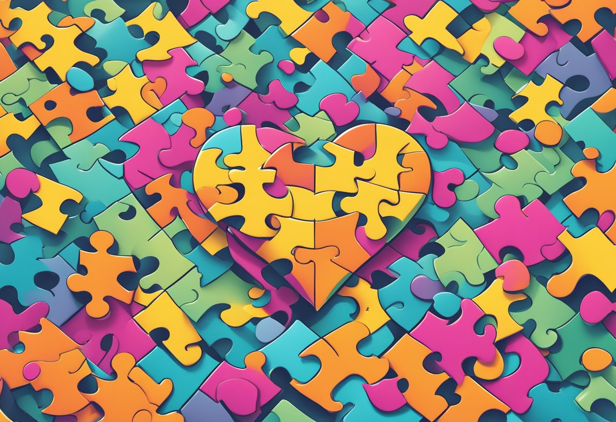 A heart-shaped puzzle surrounded by question marks