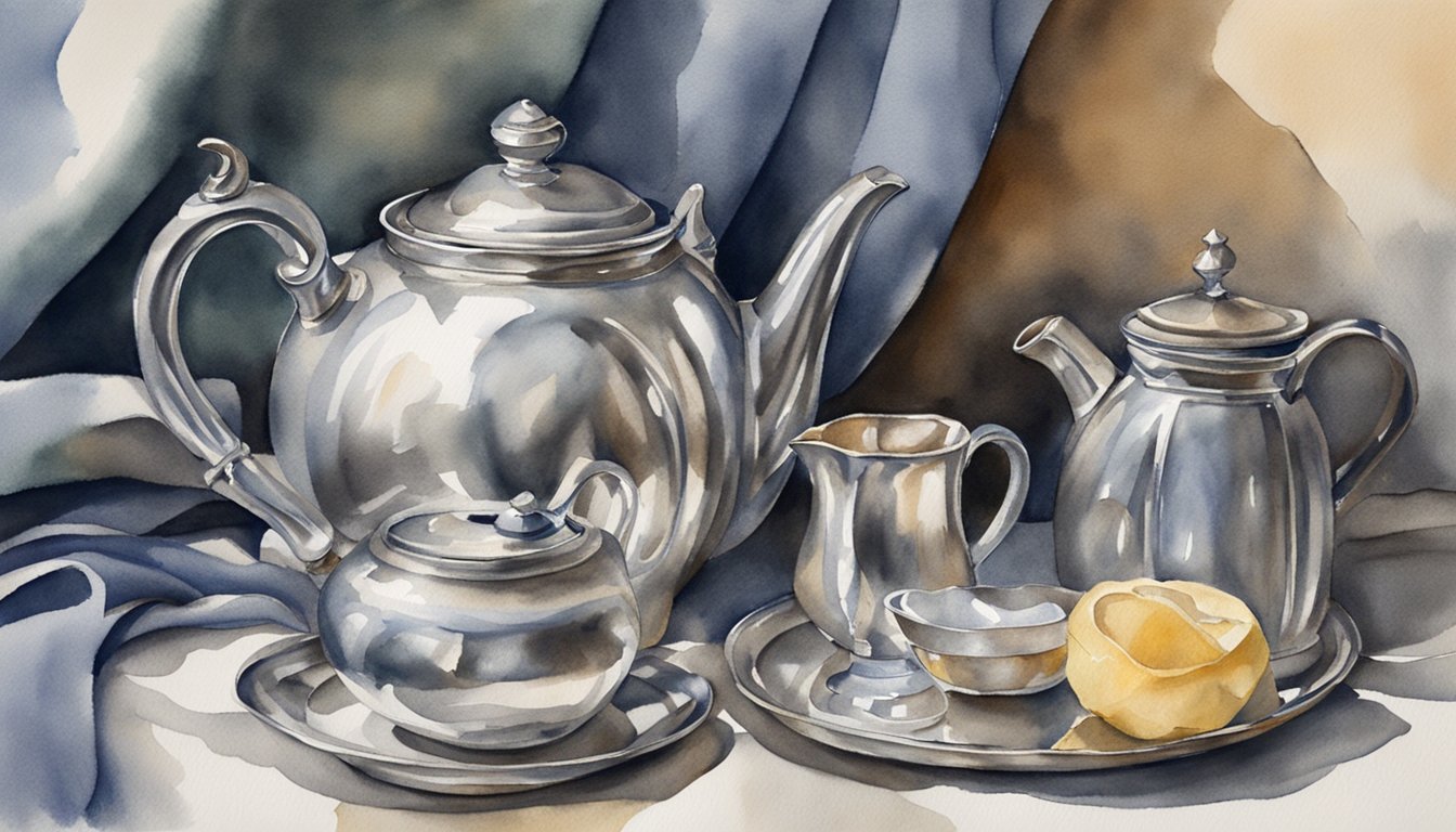 A silver cleaning cloth rubs tarnish off a silver teapot, revealing its shine.</p><p>A bottle of silver polish and a soft-bristled brush sit nearby