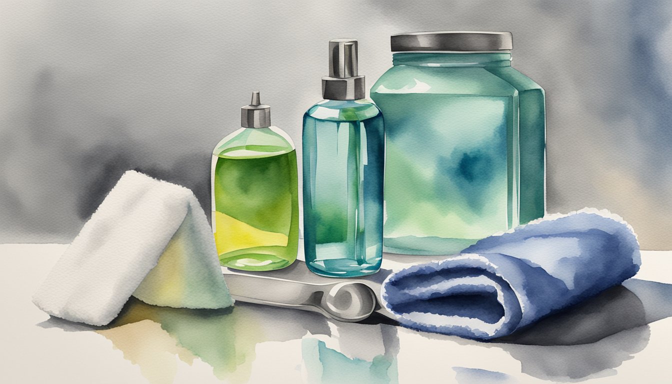 A bottle of stainless steel cleaner sits next to a microfiber cloth on a clean, shiny stainless steel surface