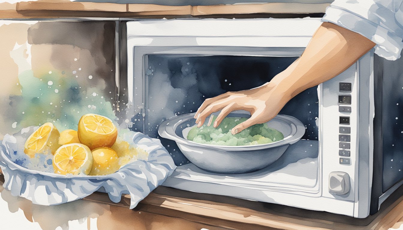 A hand reaches into a microwave, wiping away splatters with a damp cloth.</p><p>Another hand removes the turntable, washing it in the sink.</p><p>A third hand scrubs the interior with soapy water, then dries it with a clean towel