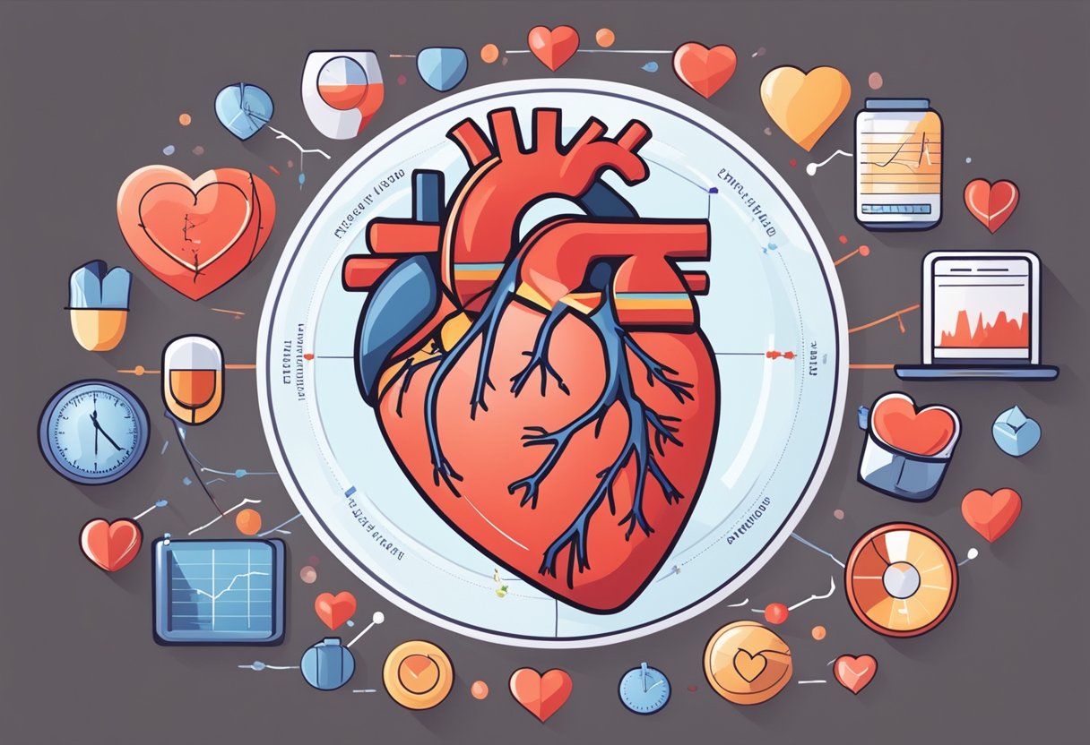 A heart surrounded by high blood pressure indicators, such as stress, unhealthy diet, and lack of exercise