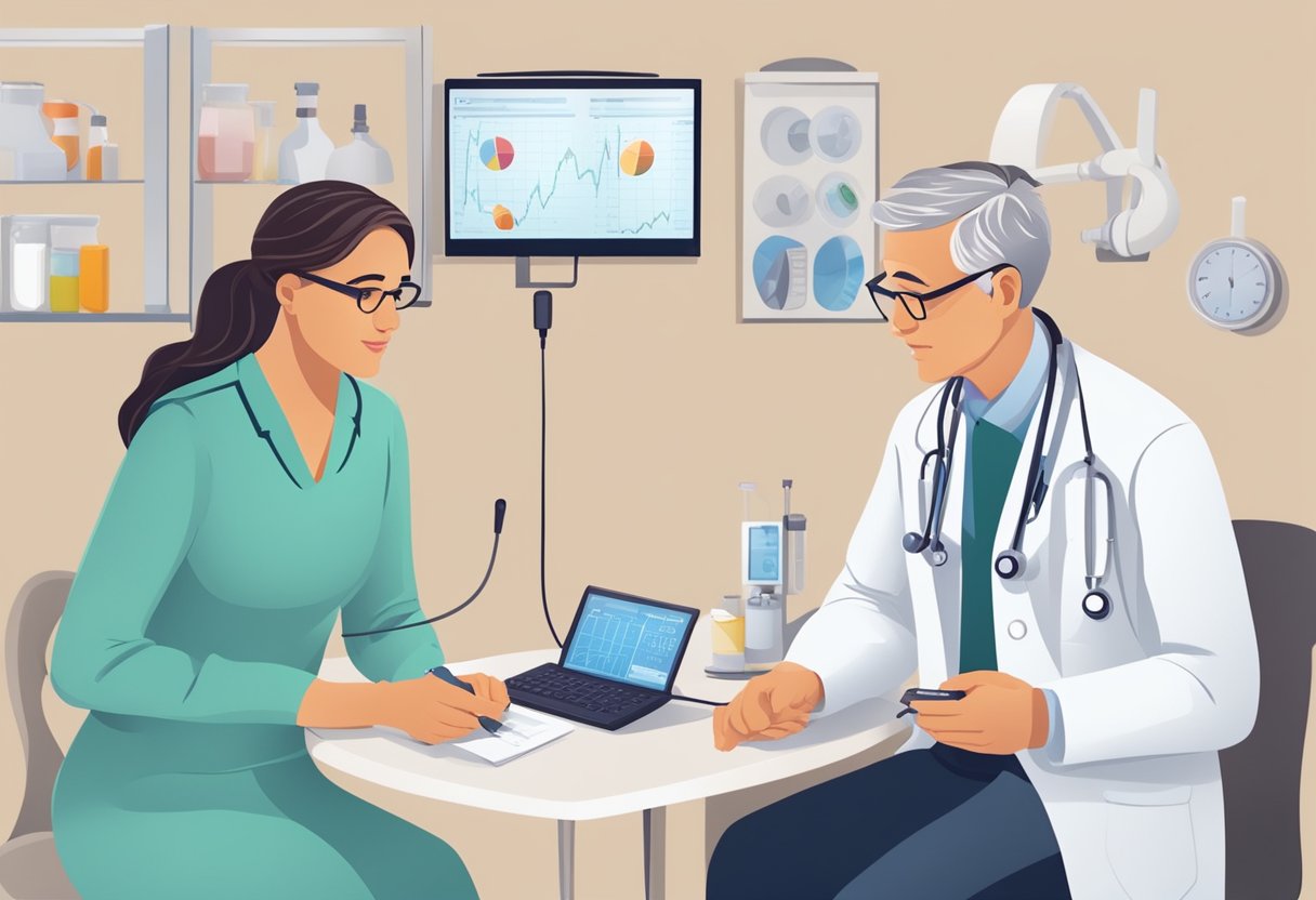 A doctor examines a heart monitor, prescribes medication, and discusses lifestyle changes with a patient
