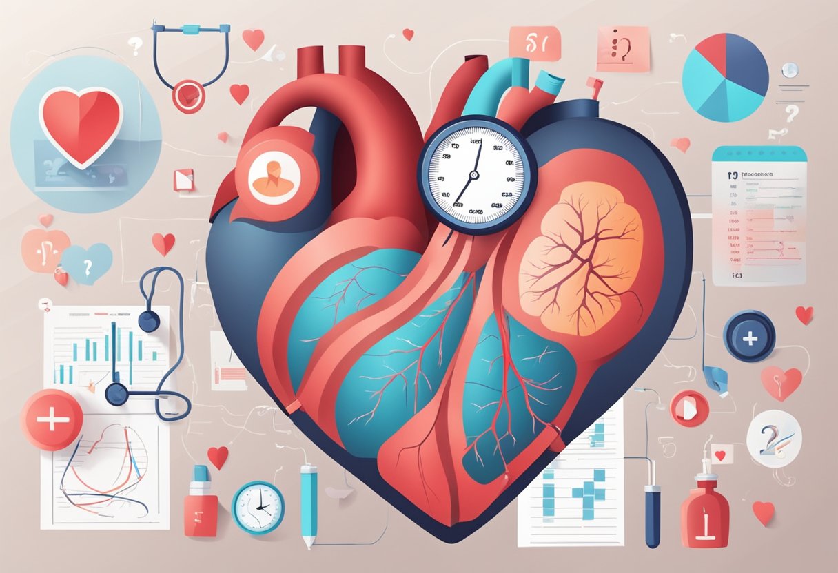 A heart with high blood pressure, surrounded by questions and medical charts