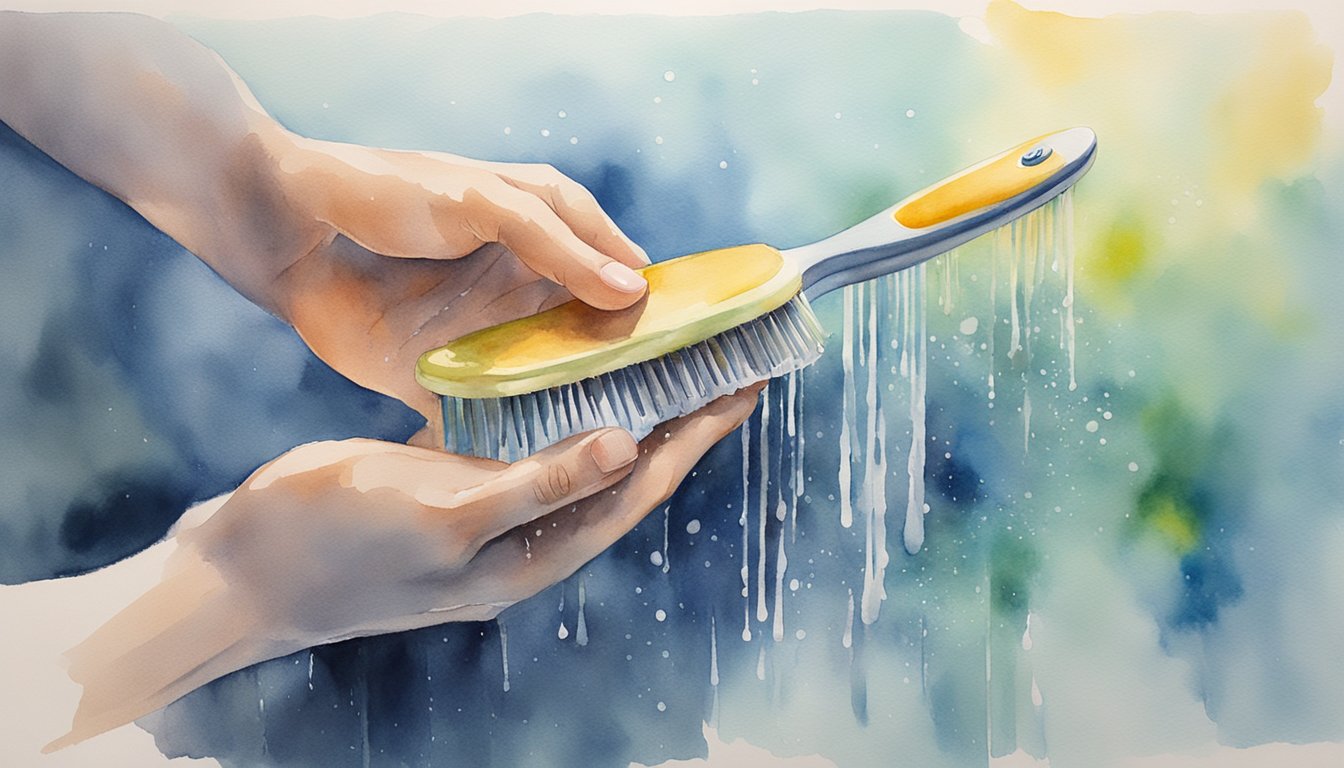 A hand holding a hairbrush submerged in soapy water, using a comb to remove hair and debris, then rinsing under running water